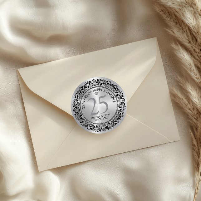 Pegatina Redonda Black Silver Floral Circle Silver Wedding (Subido por el creador)