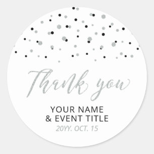 Pegatina Redonda Black & Silver Modern Birthday Favor Gracias Cla