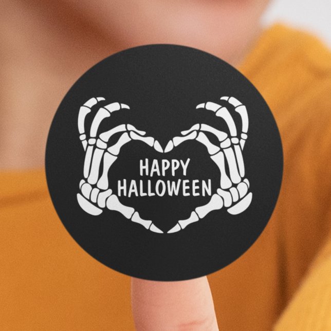 Pegatina Redonda Black Skeleton Heart Hands Happy Halloween (Black Skeleton Heart Hands Happy Halloween Classic Round Sticker
)