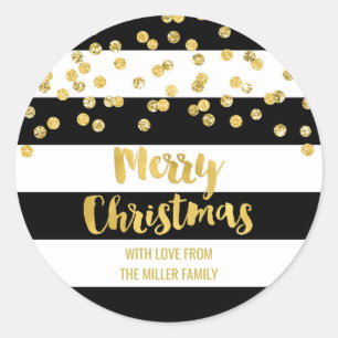 Pegatina Redonda Black Stripes Gold Confetti Feliz Personalizado na
