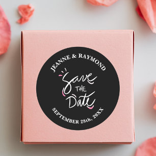 Pegatina Redonda Black Stylish Caligraphy Wedding Save the Date