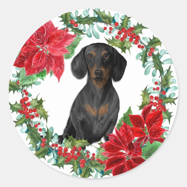 Pegatina Redonda Black Tan Dachshund Poinsettia Holiday Wreath (Anverso)