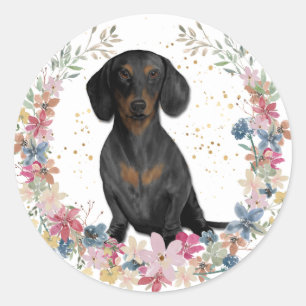 Pegatina Redonda Black Tan Dachshund Spring Flowers Wreath