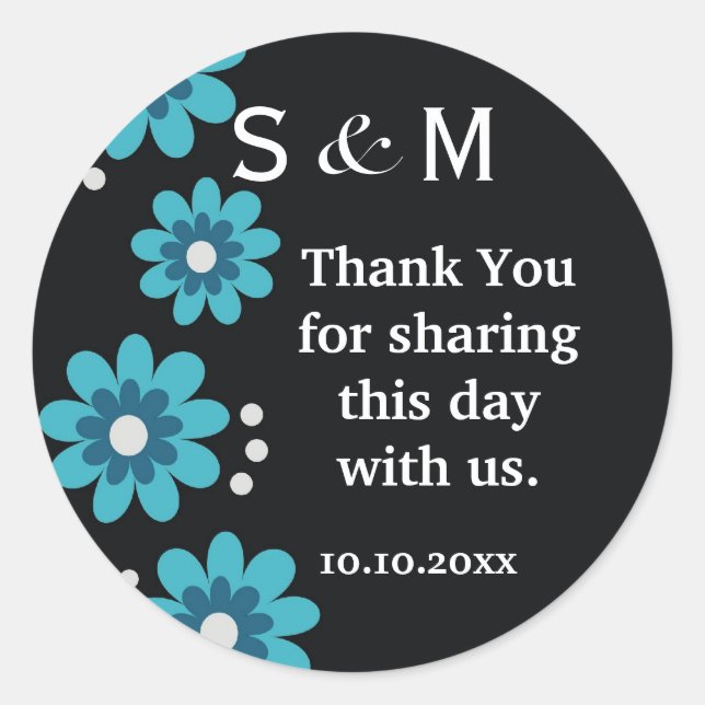 Pegatina Redonda Black Thank You Monogram Wedding Stickers (Anverso)