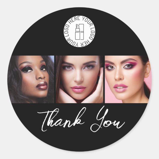Pegatina Redonda Black White 3 Photo Makeup Logo Thank You Classic (Anverso)