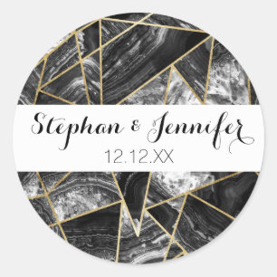Pegatina Redonda Black White Agate Black Gold Triángulos geométrico