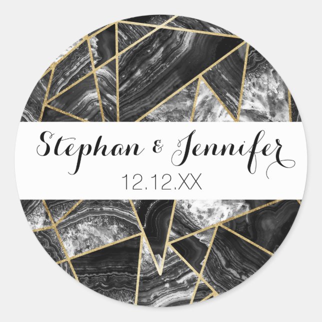 Pegatina Redonda Black White Agate Black Gold Triángulos geométrico (Anverso)