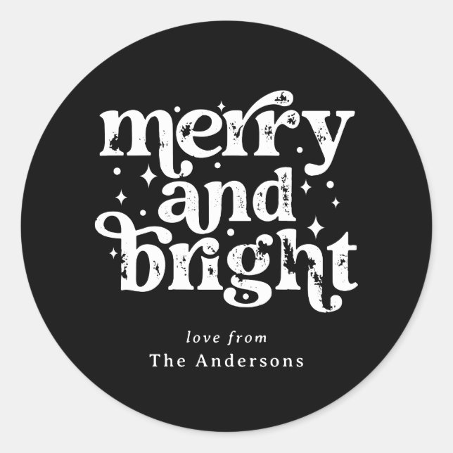 Pegatina Redonda Black & White Christmas Merry & Bright Custom (Anverso)
