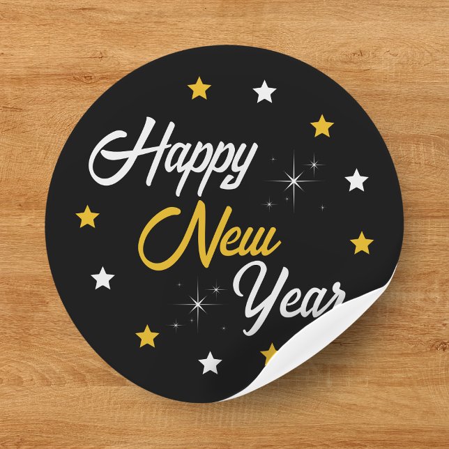 Pegatina Redonda Black White & Gold Star Feliz Año Nuevo 2024 (Black White & Gold Star Happy New Year 2024 Classic Round Sticker
)