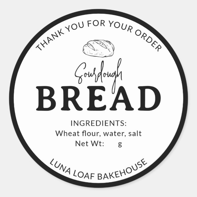 Pegatina Redonda Black White Logo Bakery Sourdough Bread Sticker (Anverso)