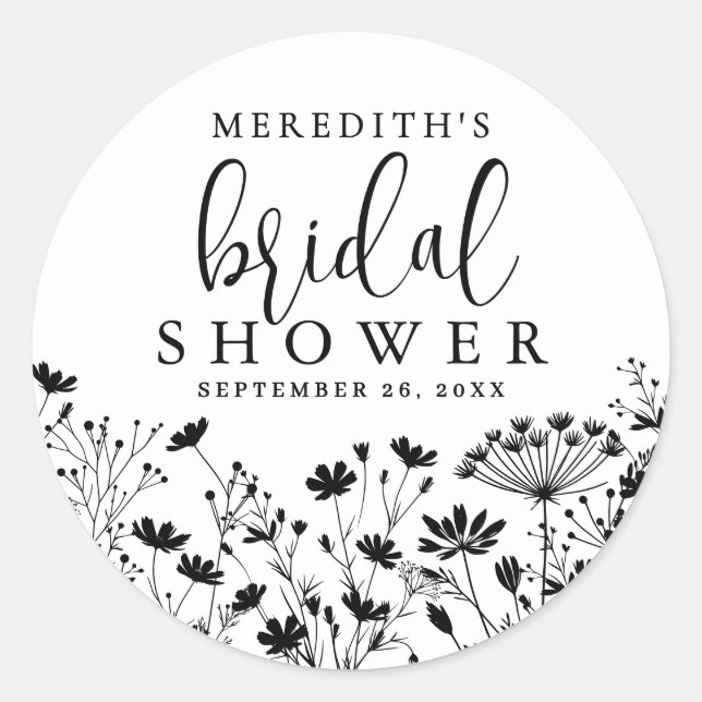 Pegatina Redonda Black White Wildflower Bridal Shower (Anverso)