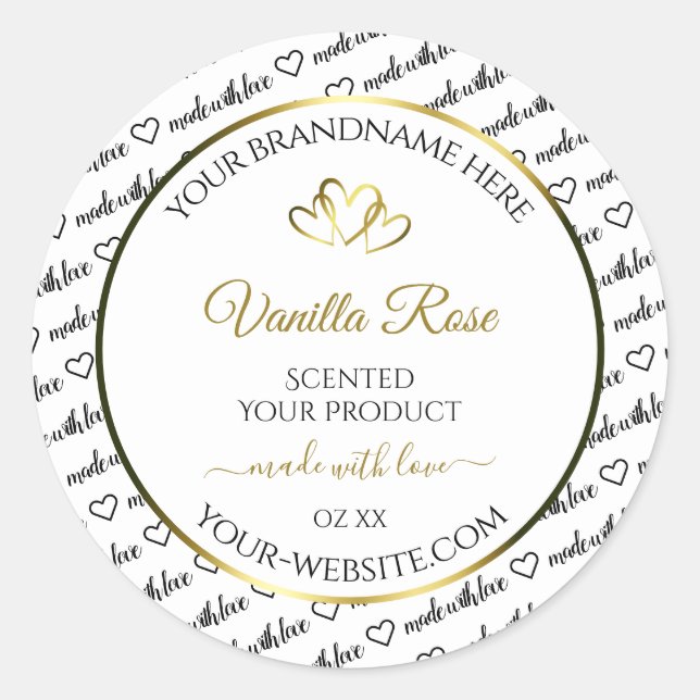 Pegatina Redonda Black White Word Cloud Product Label Golden Hearts (Anverso)