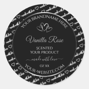 Pegatina Redonda Black White Word Cloud Product Label Silver Hearts