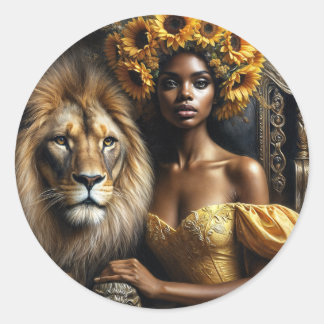 Pegatina Redonda Black Woman With Lion Sunflower Crown