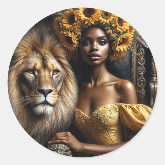 Pegatina Redonda Black Woman With Lion Sunflower Crown (Anverso)