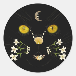 Pegatina Redonda Black Yellow Gold Flower Cat Face Moon Sticker