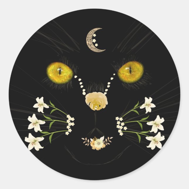 Pegatina Redonda Black Yellow Gold Flower Cat Face Moon Sticker (Anverso)