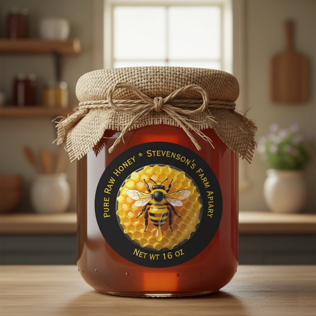 Pegatina Redonda Black & Yellow Realistic Honey Bee Honeycomb Jar (Subido por el creador)