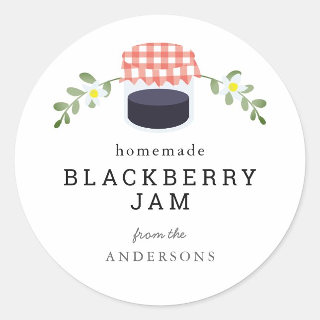 Pegatina Redonda Blackberry Jam Jar Floral White casera (Anverso)