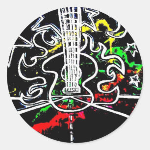 Pegatina Redonda Blacklight/guitarra llameante del chapoteo de neó
