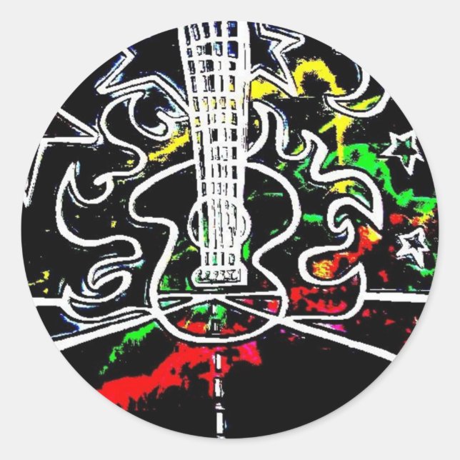 Pegatina Redonda Blacklight / Neon Splash Flamando guitarra en auto (Anverso)