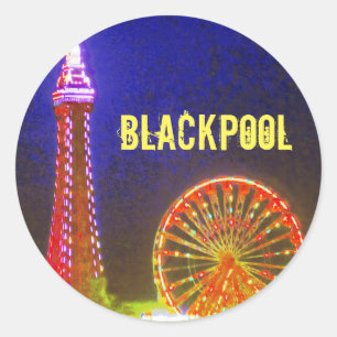 Pegatina Redonda Blackpool Beach se ilumina de noche, rojo, dorado,