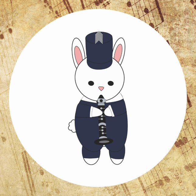 Pegatina Redonda Blanco azul de la Marina de Conejo de Banda Clarin (A sticker featuring a rabbit playing the clarinet in a navy blue & white marching band uniform)