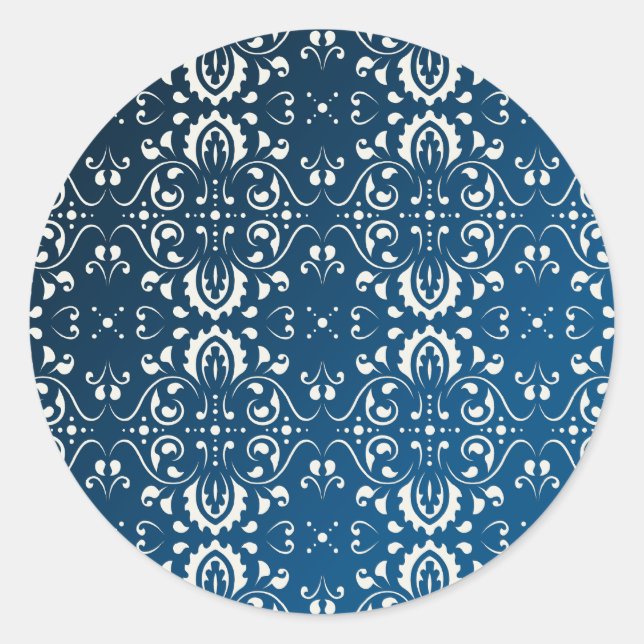 Pegatina Redonda Blanco de Damask en azul+negro bg (Anverso)
