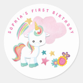 Pegatina Redonda Blanco del primer cumpleaños del primer nombre de