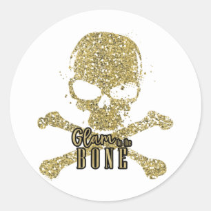 Pegatina Redonda Blanco Glam to the Bone Oro Brillo Cráneo