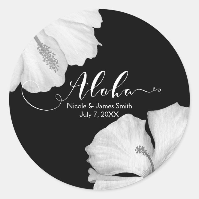 Pegatina Redonda Blanco Hibiscus Black Tropical Wedding Favor Aloha (Anverso)
