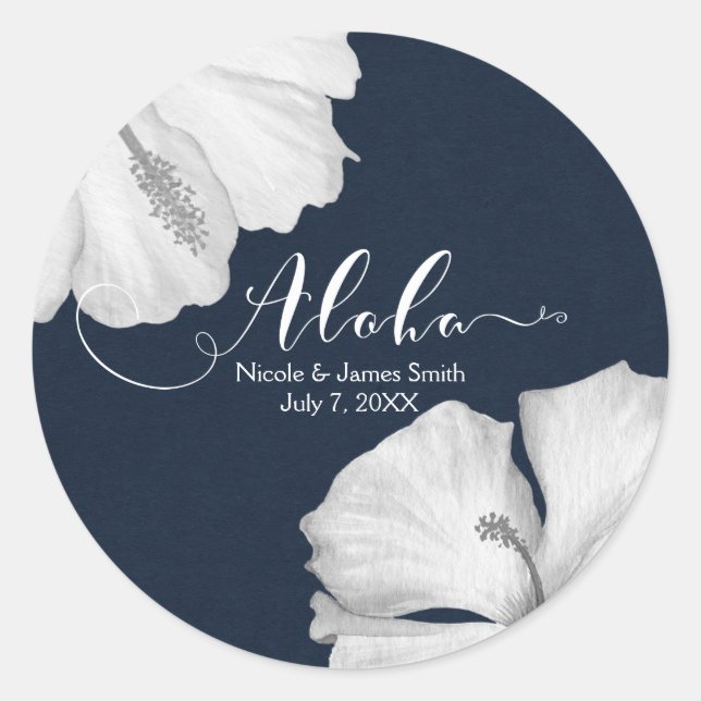 Pegatina Redonda Blanco Hibiscus Blue Tropical Wedding Favor Aloha (Anverso)