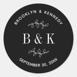 Pegatina Redonda Blanco Negro Floral Botánico Monograma Nombre Pare