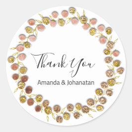 Pegatina Redonda Blanco negro Gracias Monograma Rosa dorado