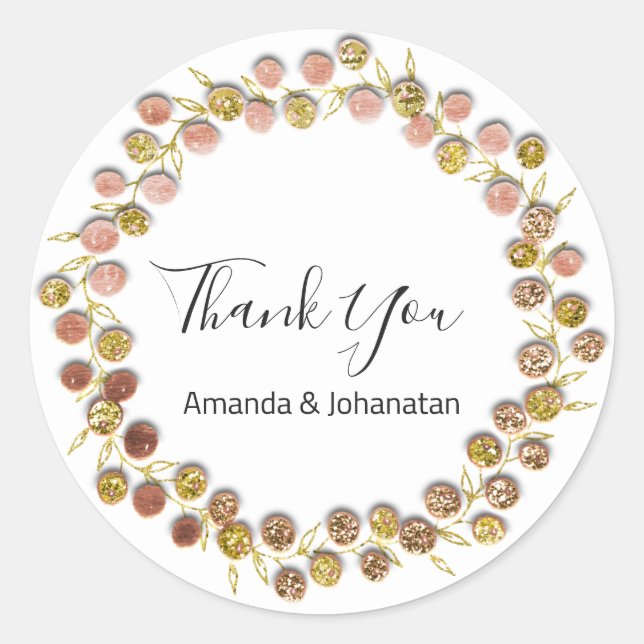 Pegatina Redonda Blanco negro Gracias Monograma Rosa dorado (Anverso)