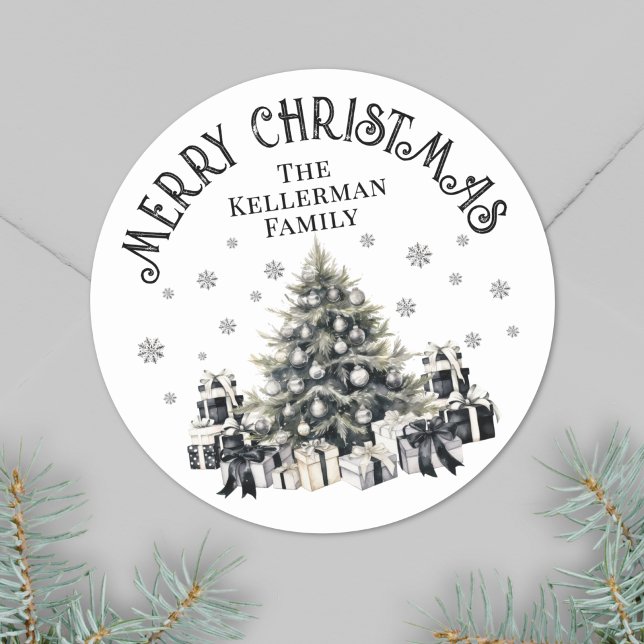 Pegatina Redonda Blanco Negro Navidad Elegante (Black White Elegant Christmas Tree Classic Round Sticker)