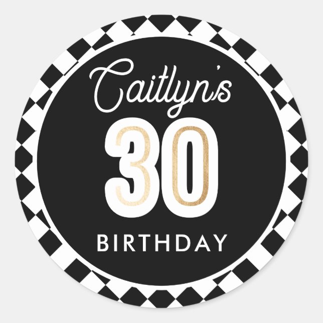 Pegatina Redonda Blanco Negro y Oro Moderno 30 cumpleaños (Anverso)