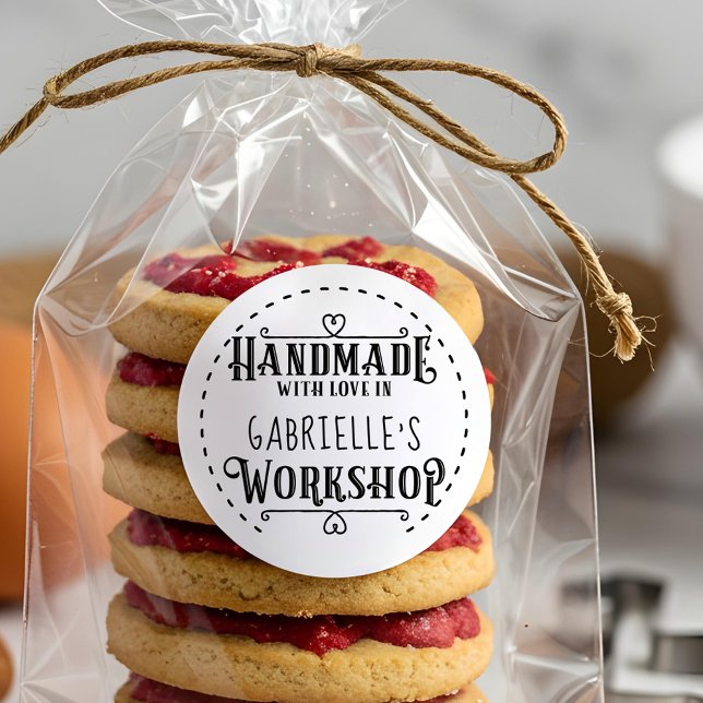 Pegatina Redonda Blanco personalizado hecho a mano con amor en el t (White Personalized Handmade with Love in Workshop Classic Round Sticker)