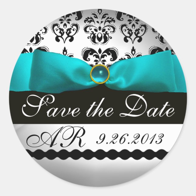 PEGATINA REDONDA BLANCO RIBBON BLUE TURQUASE NEGRO DAMASK MONOGRAM (Anverso)