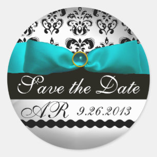 PEGATINA REDONDA BLANCO RIBBON BLUE TURQUASE NEGRO DAMASK MONOGRAM