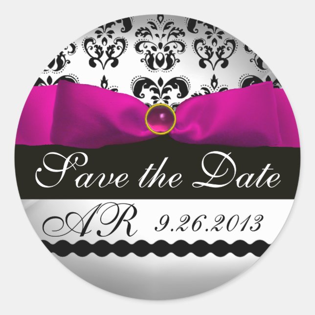 Pegatina Redonda BLANCO ROJO DAMASK RIBBON MONOGRAM Purple Fuchsia (Anverso)