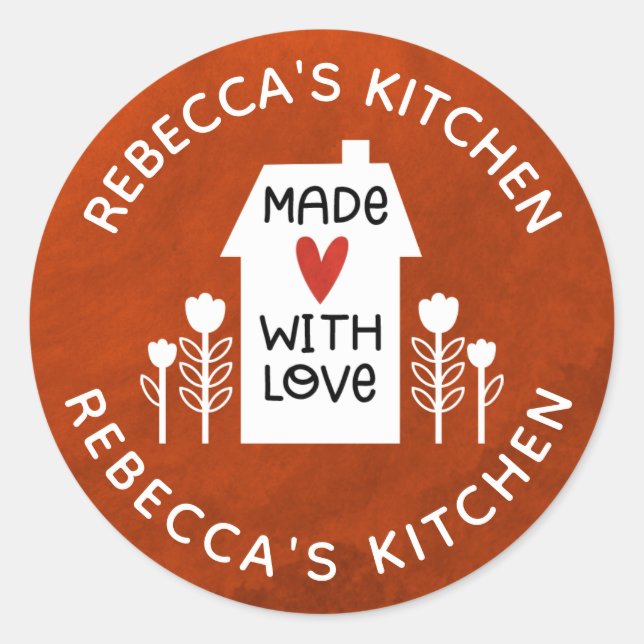 Pegatina Redonda Blanco Rojo Personalizado Casero Con Amor (Anverso)