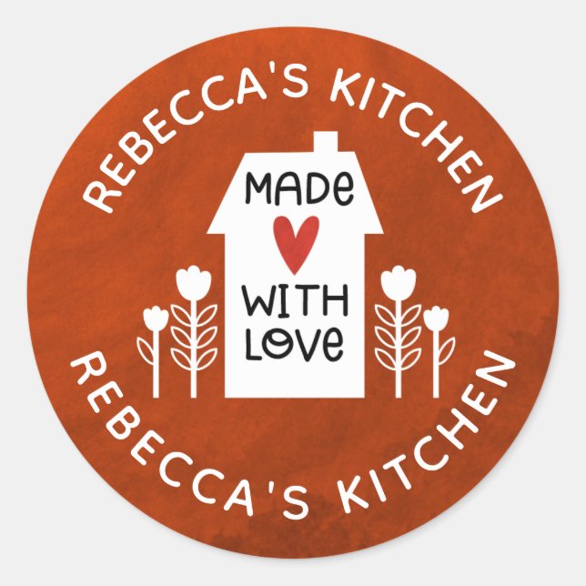 Pegatina Redonda Blanco Rojo Personalizado Casero Con Amor (Anverso)