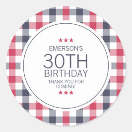 Pegatina Redonda Blanco Rojo Preppy y Plata Azul Gracias Cumpleaños