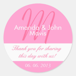 Pegatina Redonda Blanco Rosado Simple Boda Inicial Favor Gracias