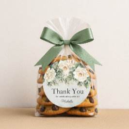 Pegatina Redonda Blanco Sabio Floral Dorado Cumpleaños Gracias