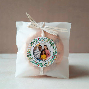 Pegatina Redonda Blanco verde dorado   Wreath and Photo Navidades