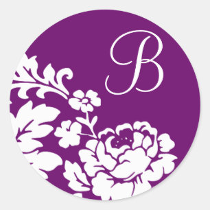 Pegatina Redonda Blanco Vintage Floral Silueta sobre Lavanda