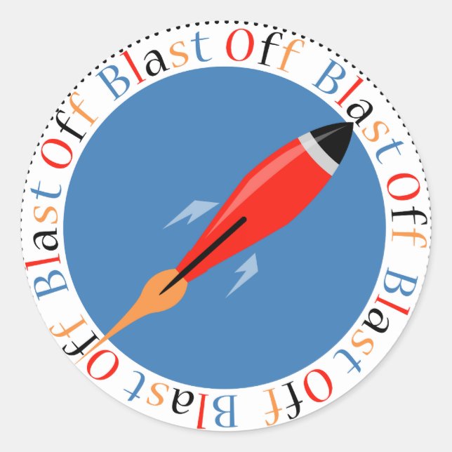 Pegatina Redonda Blast Off Rocket Ship (Anverso)