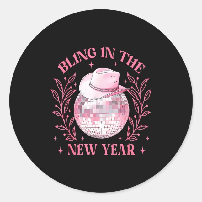 Pegatina Redonda Bling-in The New Year Cowgirl Disco Ball Happy New (Anverso)